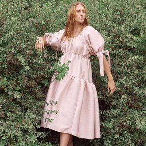 Eliza Faulkner Pink Puff Sleeve Midi Dress